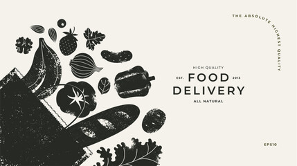 Various food in a shopping bag. Textured silhouette illustration. Healthy food horizontal background. Vector illustration