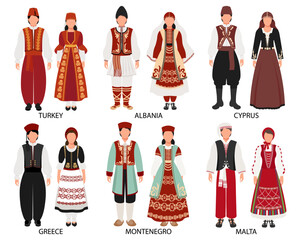 A set of couples in folk costumes of European countries. Türkiye, Albania, Montenegro, Greece, Cyprus, Malta. Culture and traditions. Illustration, vector - obrazy, fototapety, plakaty