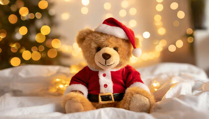 Close-up of a smiling, cute teddy bear dressed as Santa Claus, sitting on a bed with white sheets and pillows. Glittering blurry lights in the background.