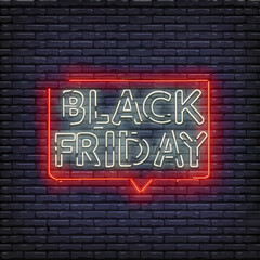 Black friday with neon red colour bricks background 