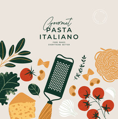 Italian pasta ingredients design template. Grater with tomato and pasta with garlic. Vector illustration - obrazy, fototapety, plakaty