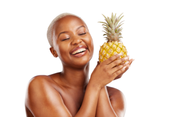 Black woman, smile or pineapple for skincare, beauty or diet nutrition for wellness, health or fruits. Laugh, vitamin c or happy African person with food choice isolated on transparent png background