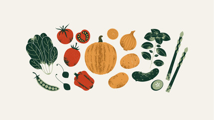 Various fresh vegetables collection. Pumpkin with spinach and pepper with tomato and cucumber. Red green and yellow vegetables. Vector illustration - obrazy, fototapety, plakaty