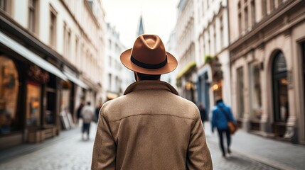 Rear view of young male tourist wearing hat on European street with old buildings
