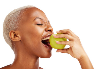 Woman, eating and apple for health, nutrition or wellness in organic diet. African person, eyes...