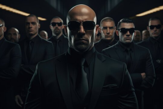 A professional-looking man wearing a suit and sunglasses stands confidently in front of a group of men. This image can be used to depict leadership, authority, teamwork, or business meetings.