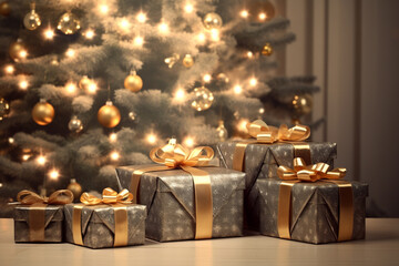 Many Christmas gifts wrapped in silver or gray papers and gold ribbons put under a decorated Christmas tree in the living room. Generative AI.