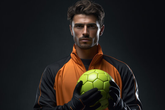 A man wearing an orange and black jacket holds a soccer ball. This image can be used to depict sports, outdoor activities, or soccer-related concepts.