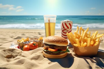 A delicious hamburger and fries are pictured on a sandy beach. This image can be used to depict a beach picnic or a summer food scene.
