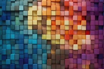 A vibrant wall made up of multicolored cubes. This eye-catching image can be used to add a modern and artistic touch to various design projects.