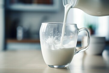 A glass of milk being poured into a cup. This image can be used to showcase the process of pouring milk or to depict a refreshing beverage