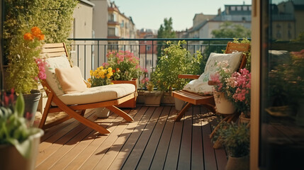 Beautiful balcony or terrace with wooden floor chair - obrazy, fototapety, plakaty