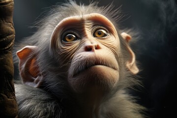 A close-up image of a monkey looking up. This picture captures the curiosity and inquisitiveness of the monkey as it gazes upwards. Perfect for illustrating curiosity, nature, or animal behavior