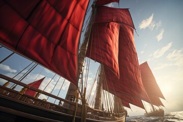 A vibrant red sail boat gliding across the vast ocean. Perfect for nautical-themed designs or travel brochures