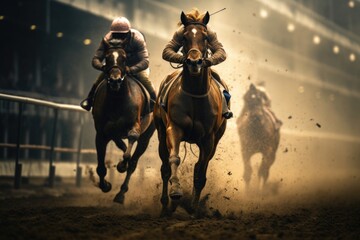 Two jockeys racing their horses on a track. Suitable for sports publications and horse racing-related content