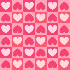 seamless pattern checkered with pink hearts, abstract square geometric background, valentine's day, modern retro design for wallpaper, print, flat design, square shape, vector illustration