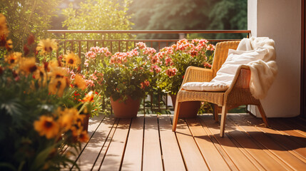 Beautiful balcony or terrace with wooden floor chair