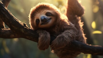 A graceful sloth hanging upside down from a branch.