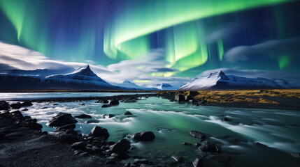 The Northern Lights dance over an Icelandic landscape with icy mountains, clear water and bright blue skies created with Generative AI Technology