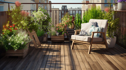 Beautiful balcony or terrace with wooden floor chair