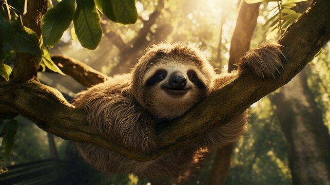 A Graceful Sloth Hanging Upside Down From A Branch.