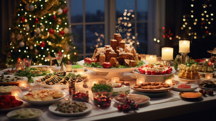 Fototapeta premium A dinner table full of dishes with food and snacks, Christmas and New Year's decor with a Christmas tree on the background.