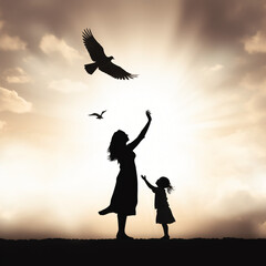 Fototapeta na wymiar Silhouette mother holding daughters looking bird fly