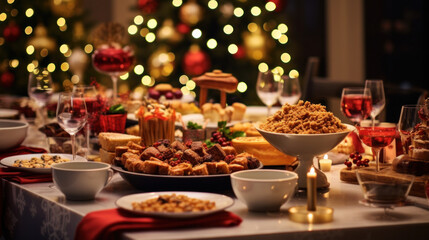 A dinner table full of dishes with food and snacks, Christmas and New Year's decor with a Christmas...