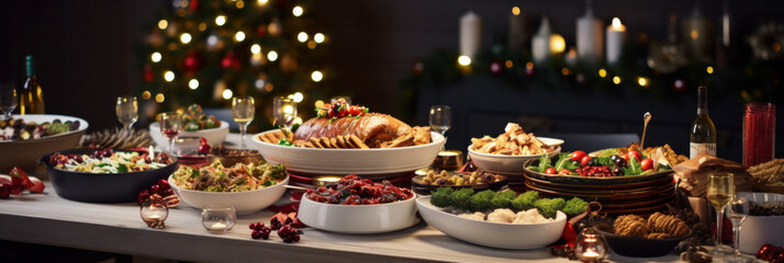 A dinner table full of dishes with food and snacks, Christmas and New Year's decor with a Christmas tree on the background.