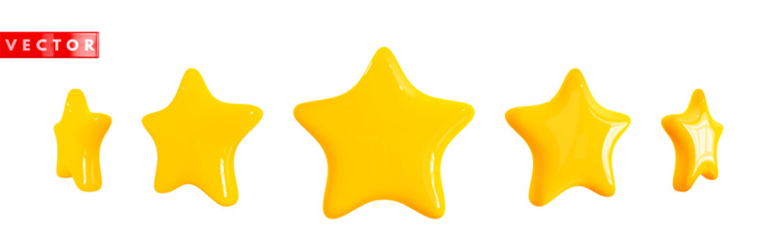 Five glossy golden 3d stars realistic style. Symbol icon design for game, ui, feedback, website. Yellow plastic stars isolated on white background. Vector illustration