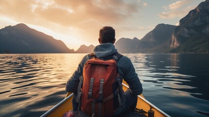 Rear view of young traveler with backpack on boat among mountains enjoying sunset