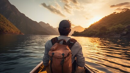 Rear view of young traveler with backpack on boat among mountains enjoying sunset