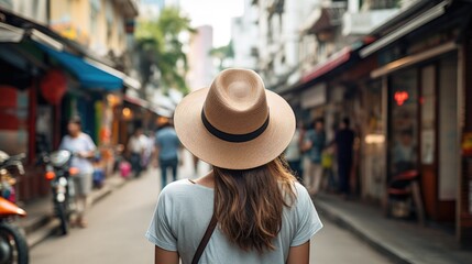 Rear view of young female tourist wearing a hat on the streets of Southeast Asia