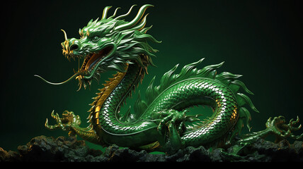 Fototapeta premium A beautiful decorative statuette of a green scary eastern dragon, a symbol of the new year 2024