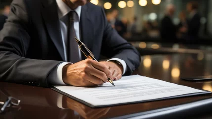 Fotobehang closeup businessman hand having handwritten business agreement signature on piece of paper with office background © AstraNova