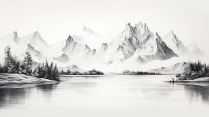 Simple black and white sketch of a mountain river
