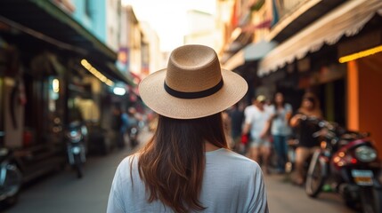 Rear view of young female tourist wearing a hat on the streets of Southeast Asia