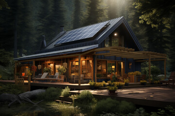 Fototapeta premium house at night with solar panels