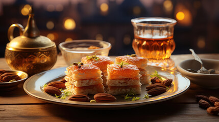 Obraz premium A plate of Turkish Pistachio Baklava with a backdrop of iconic landmark buildings of Istanbul in Turkey