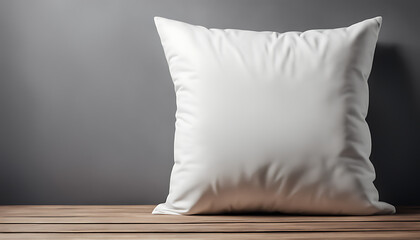 blank white square cushion in a flat-lay mockup on a grey wooden background.
