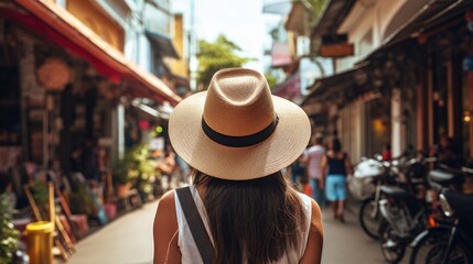 Rear view of young female tourist wearing a hat on the streets of Southeast Asia