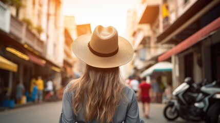 Rear view of young female tourist wearing a hat on the streets of Southeast Asia