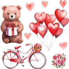 Set of Valentine's Day watercolor illustrations on white background.