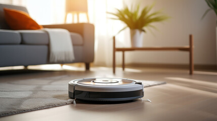 A robot vacuum cleaner working on a carpet in living room.