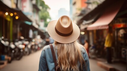 Rear view of young female tourist wearing a hat on the streets of Southeast Asia