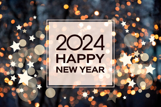 2024 Happy New Year background with christmas golden bokeh lights frame stock images. Happy New Year 2024 greeting card with night defocused lights photo images