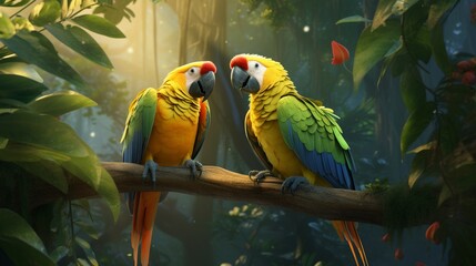 A pair of parrots in a lively conversation among the trees. - obrazy, fototapety, plakaty