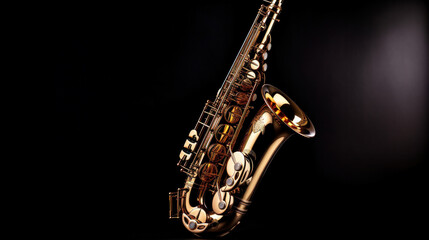Fototapeta na wymiar Close up of Saxophone, jazz music. Alto sax musical instrument on black background.