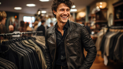 Young man excitedly trying on a stylish discounted jacket at the store - obrazy, fototapety, plakaty