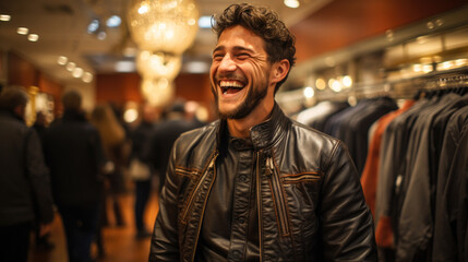 Young man laughing trying on a leather black jacket at the store